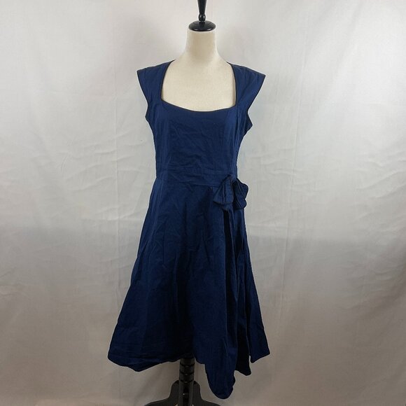 Lindy Bop Fit & Flare Dress US L Navy Blue Black Trim Pleated Sleeveless Bow - Picture 1 of 13